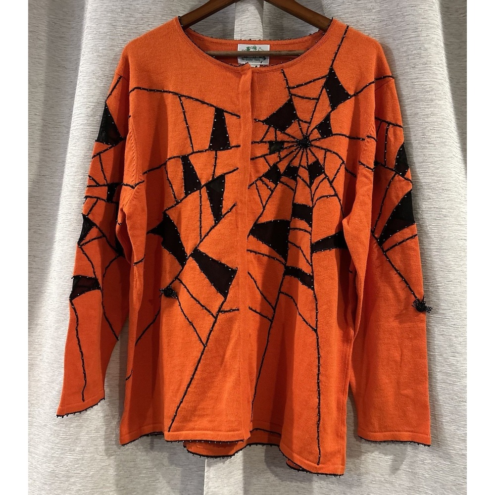 Vintage Quacker Factory Halloween Beaded spiderweb Orange Cardigan Sweater sz 1X - Picture 2 of 6